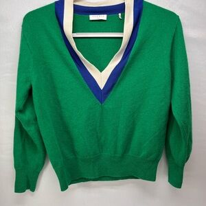 Sandro Green V-Neck Sweater with Blue and Cream Trim